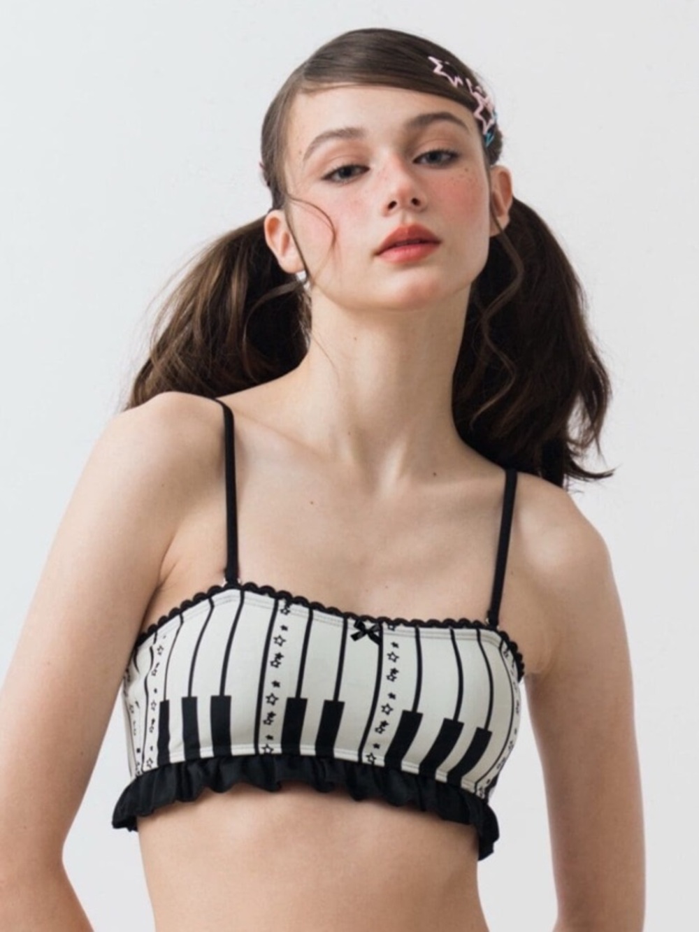 Striped Black & White Bandeau piano key style Bikini Top.
